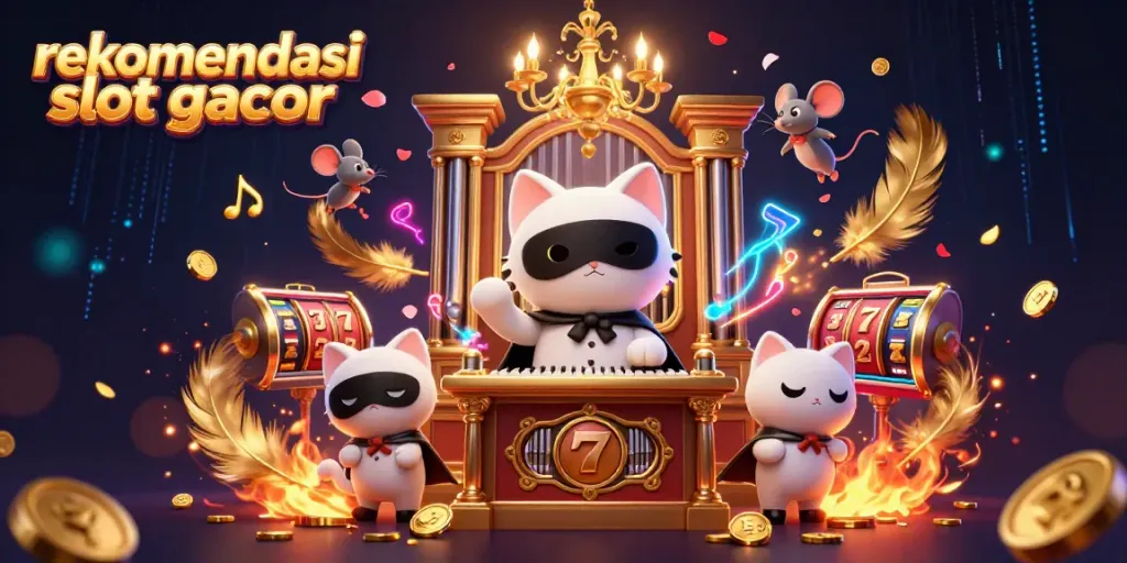 Menghadirkan rekomendasi slot gacor, ilustrasi dinamis dengan karakter kartun, organ kasino, dan elemen perjudian.