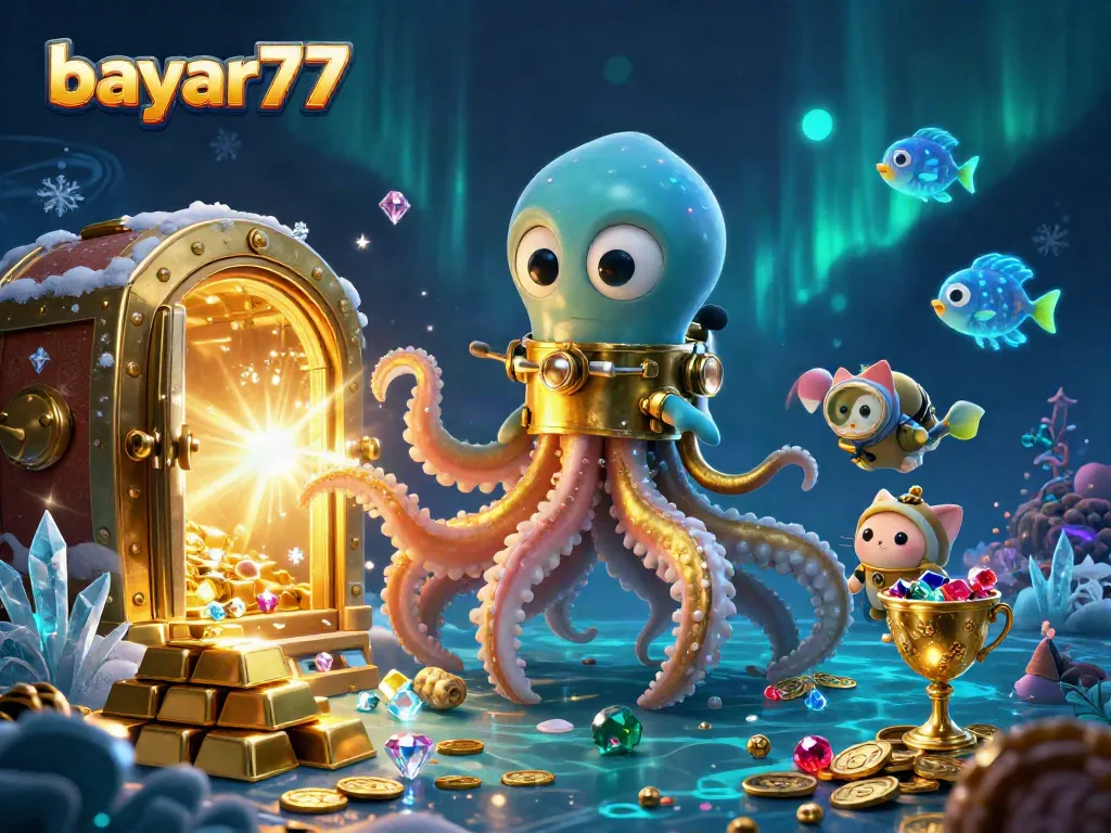 Play Bayar77 gaming with a colossal kraken and treasures in a vibrant underwater scene.