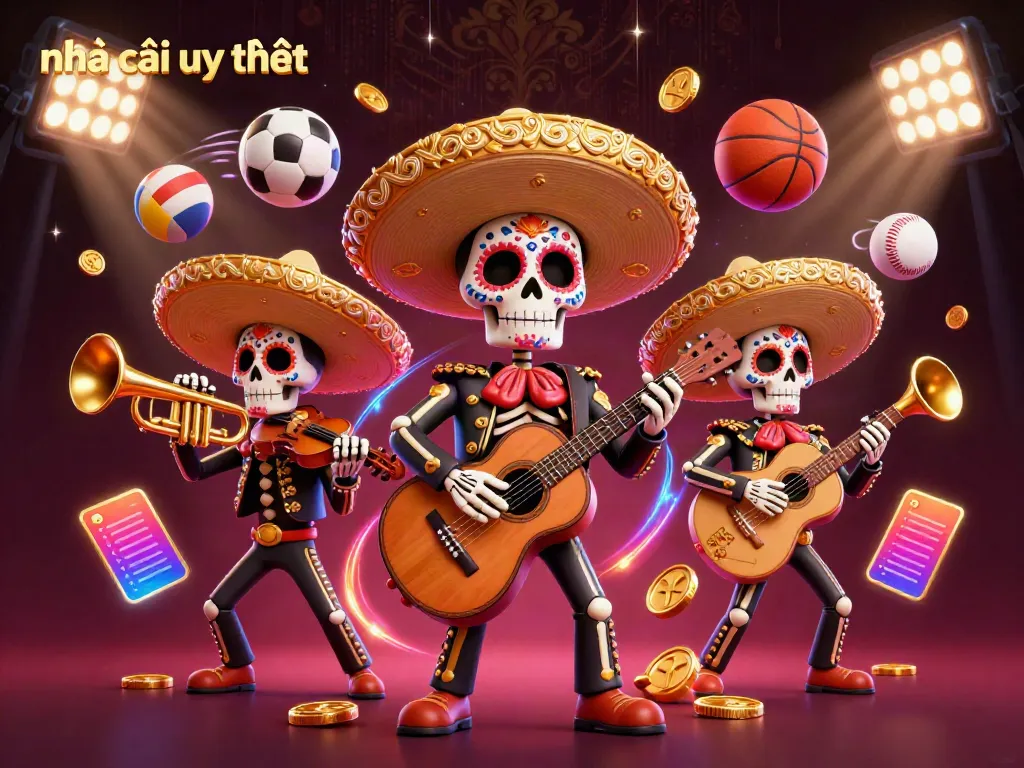 A vibrant scene showcasing "nhà cái uy tín" with a mariachi band performing among dynamic sports elements and rich casino visuals.