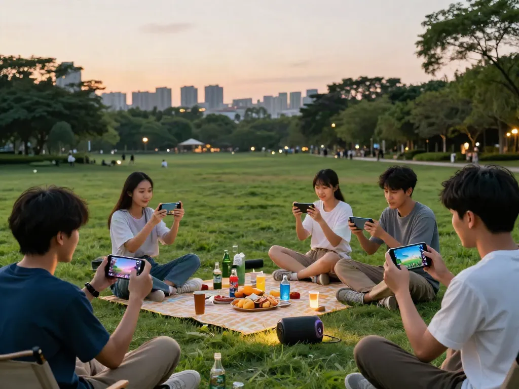 Pengalaman bermain yang menyenangkan di hokkaidoryoma.com di area taman, dengan teman-teman menikmati permainan mobile.