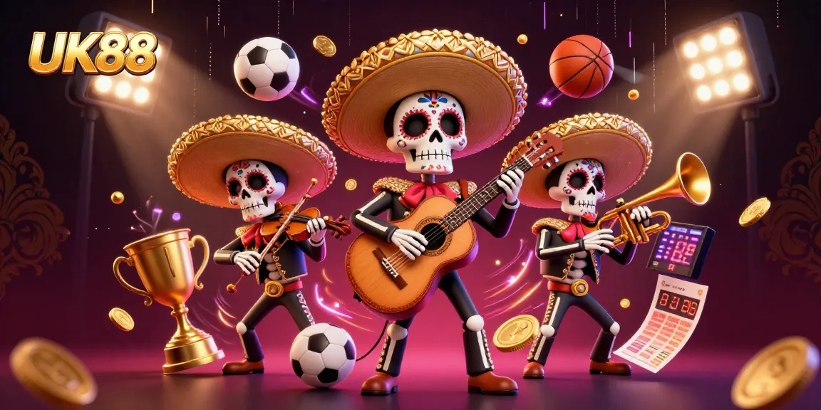 Experience the excitement of UK88 with a lively mariachi scene, dynamic sports elements, and vibrant colors.