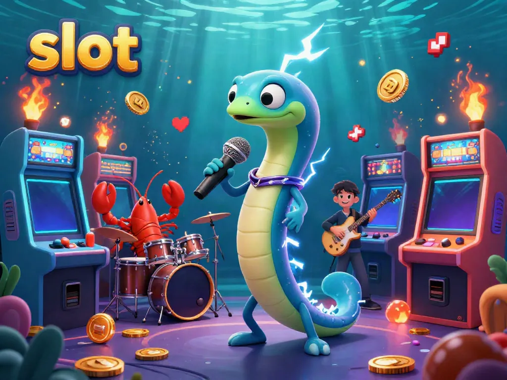 Slot yang menghibur dengan karakter ikan listrik DJ dan band pendukung di latar kasino bawah laut.