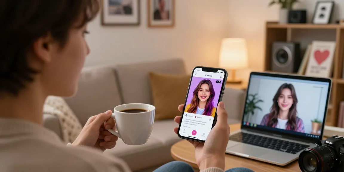 Engaging AI girlfriend conversation on smartphone in cozy living room, highlighting virtual companionship.