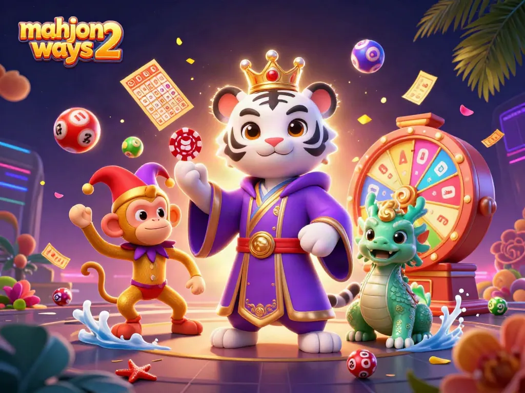 Engage in action with mahjong ways 2 as a lively cartoon scene showcases a majestic tiger, playful monkey, and animated jade dragon.