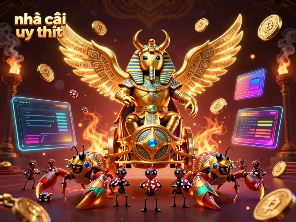 Engage with the captivating illustration of nhà cái uy tín featuring a gaming scene with a colossal golden scarab beetle and vibrant cryptocurrency elements for an immersive experience.