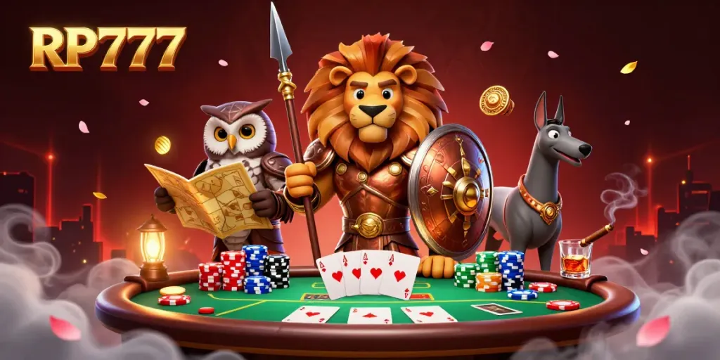 Engage with RP777 in a vibrant poker scene featuring an armored lion, a wise owl, and a swift greyhound.