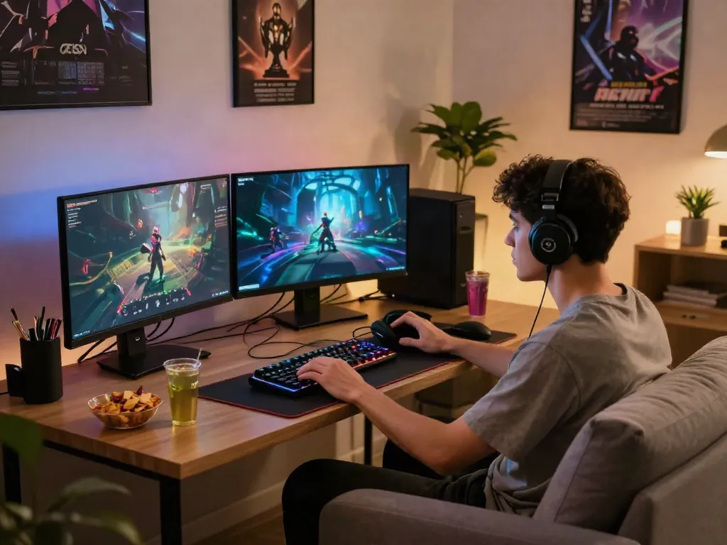 A dynamic online gaming scene featuring akunjp with vibrant graphics and cozy atmosphere.