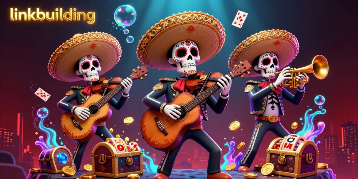 Enhance linkbuilding efforts with a vibrant Day of the Dead mariachi band amidst gambling treasures and floating cards.