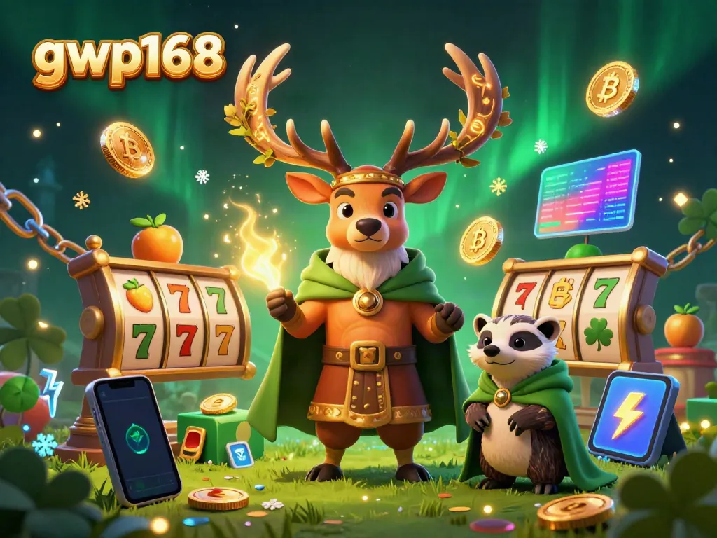 Permainan mengasyikkan di GWP168, dengan simbol slot dan koin crypto bersinar.
