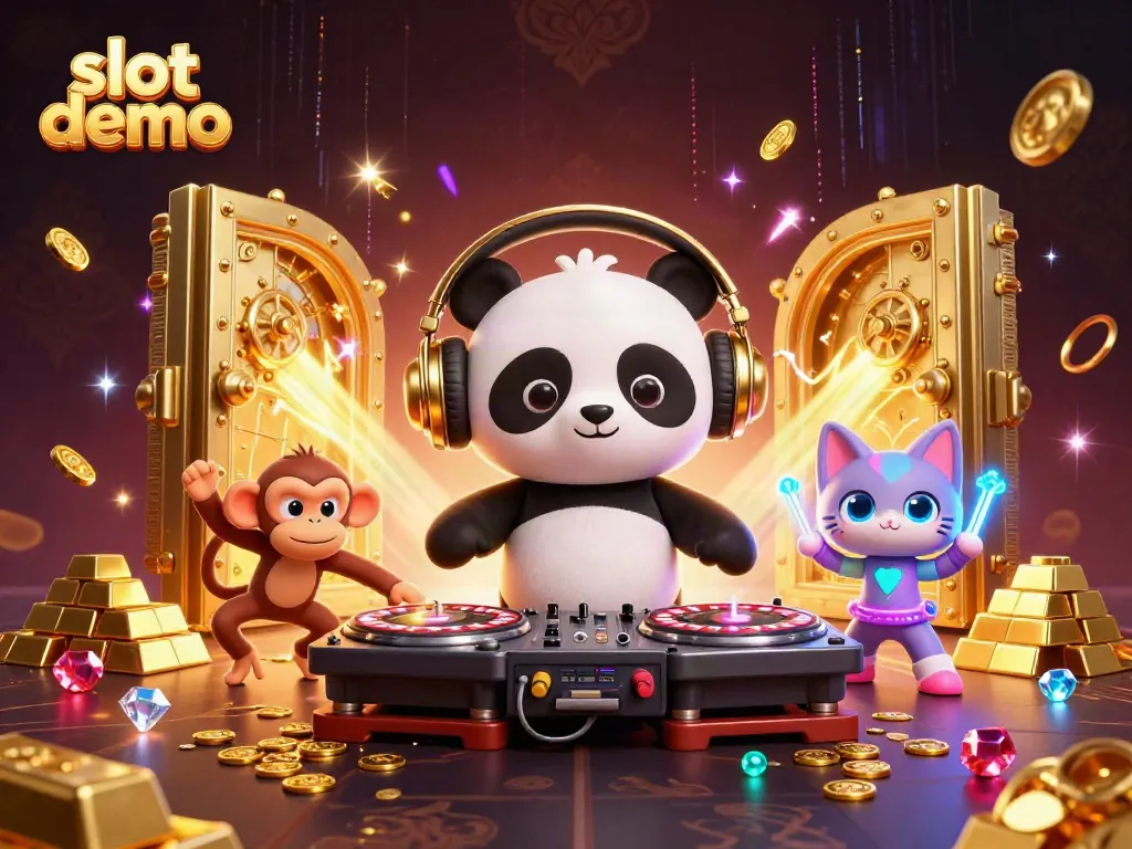 Slot demo menampilkan panda DJ dan karakter lainnya yang bersenang-senang dengan elemen kasino.