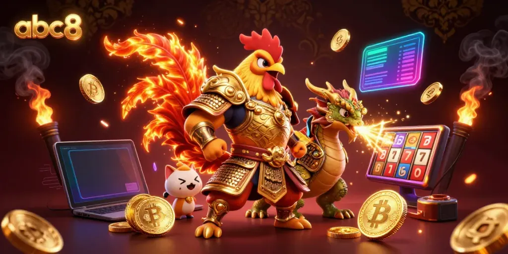 Experience winning thrills at abc8 with a dynamic 3D casino scene featuring vibrant characters.