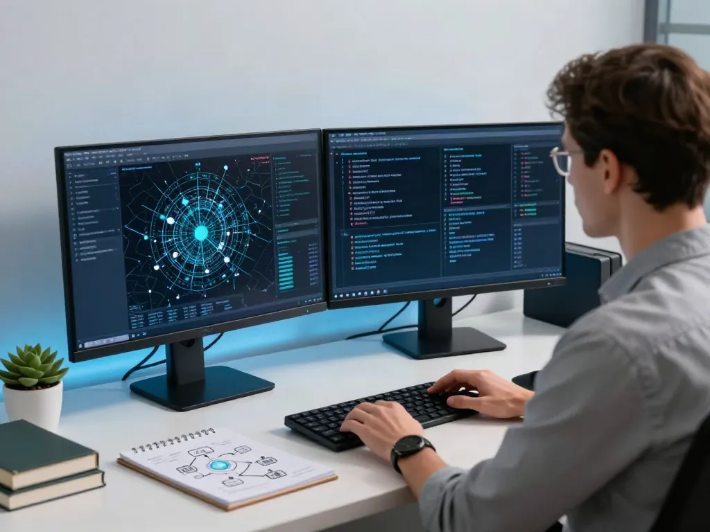 The hidden wiki official site directory analysis in a modern cybersecurity workspace with screens showing Tor data.