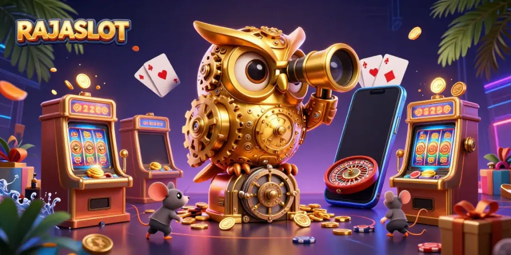 RAJASLOT menyajikan ilusi 3D dari burung hantu emas dan tikus berangin di kasino dengan mesin slot berkilauan.