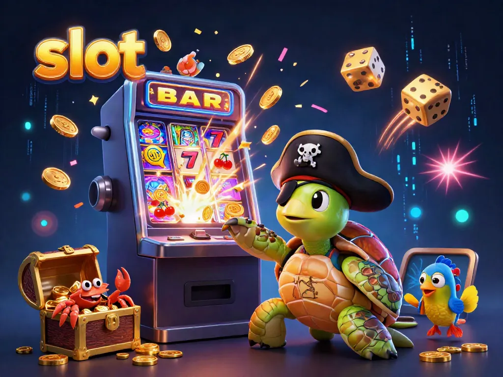 Menggandakan slot dan simbol keberuntungan dalam ilustrasi 3D yang kaya warna.
