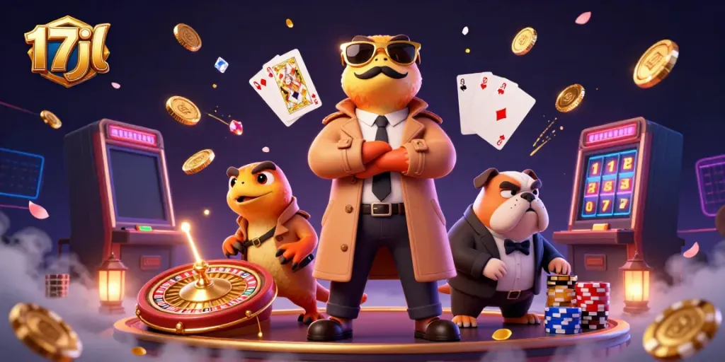 Experience 17jl excitement with playful raptors entering a VIP casino lounge amidst vibrant gaming elements.