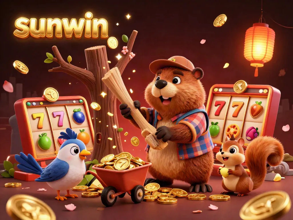 Experience excitement with sunwin's vibrant 3D casino scene featuring playful cartoon characters with golden coins.