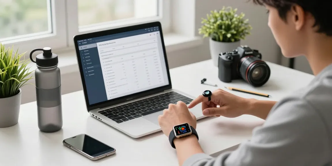 Individual using a smart ring while checking health stats on a smartwatch in a modern workspace.