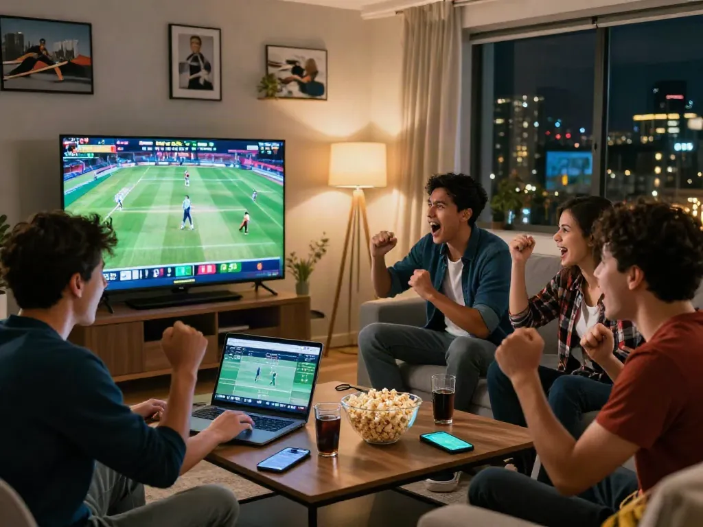 Friends enjoying sports betting on lotus365 in a lively living room