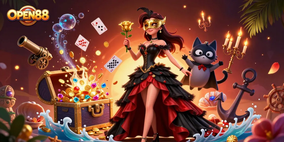 Play exciting games at OPEN88, featuring a stunning casino-themed 3D illustration with dynamic character action.