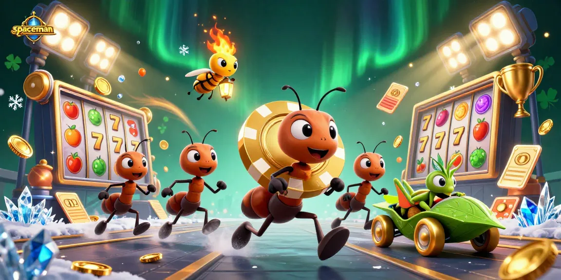 Spin and win with Spaceman as cartoon ants carry a giant poker chip through a vivid slot game scene.