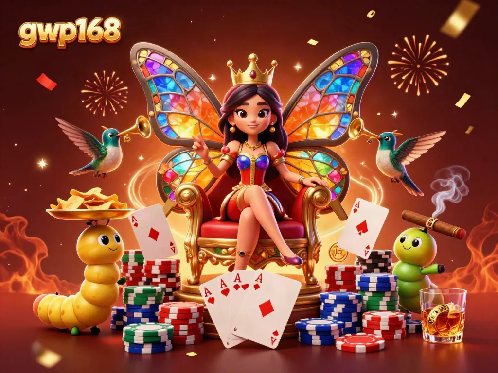 Gwp168 menyajikan ilustrasi kasino yang megah dengan ratu kupu-kupu dan elemen permainan poker yang atraktif.