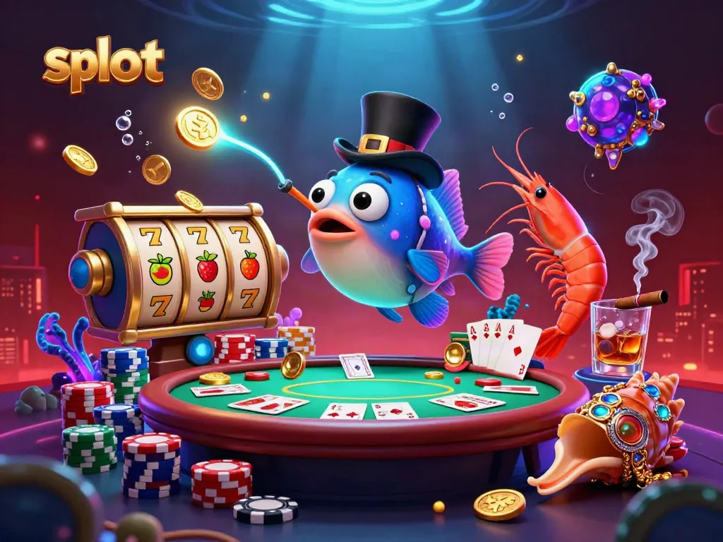 Engage with the slot gameplay as an anglerfish attracts coins amidst vibrant casino elements.