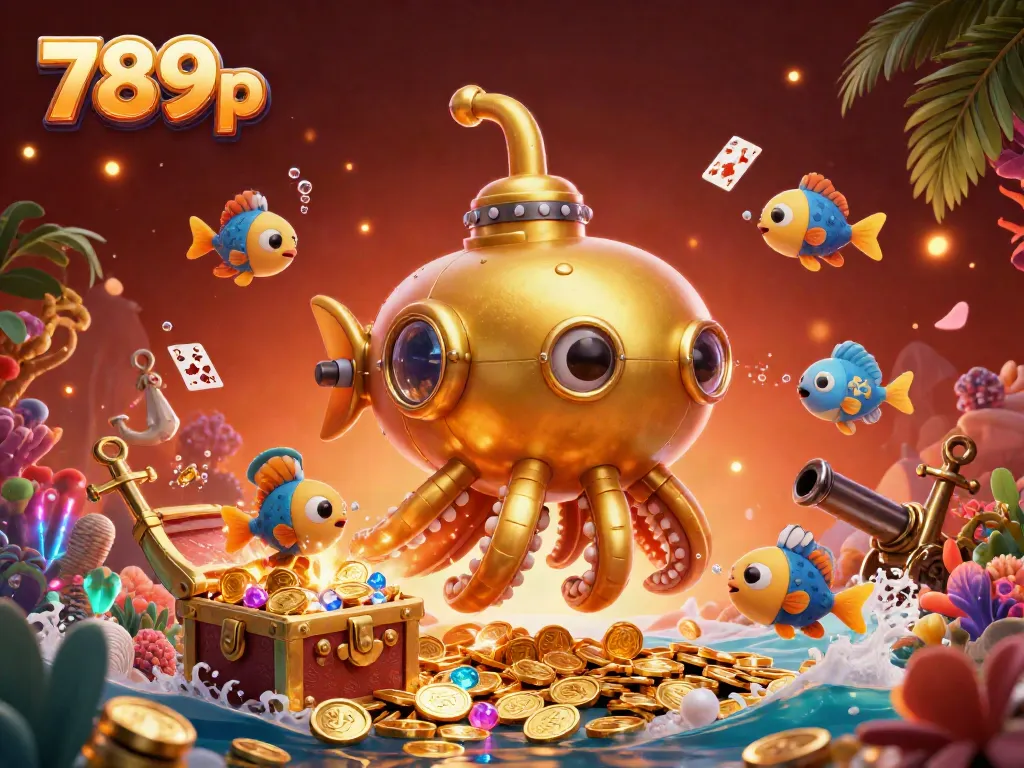 Engaging underwater scene with a golden kraken submarine and mechanical fish showcasing the 789p gaming experience.