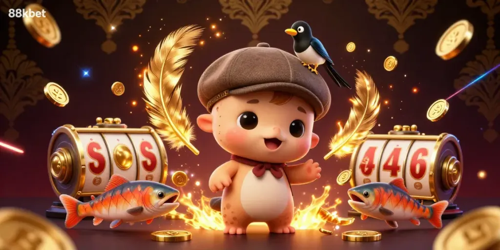 Engage in the 88kbet atmosphere with a lively scene featuring Nessie in a playful setting, celebrating gambling excitement.