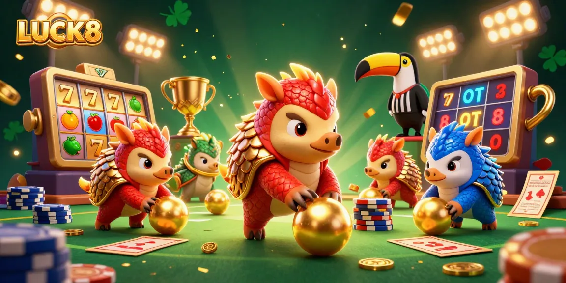 LUCK8 pangolins compete in a dynamic 3D gambling scene filled with slot reels and golden coins.