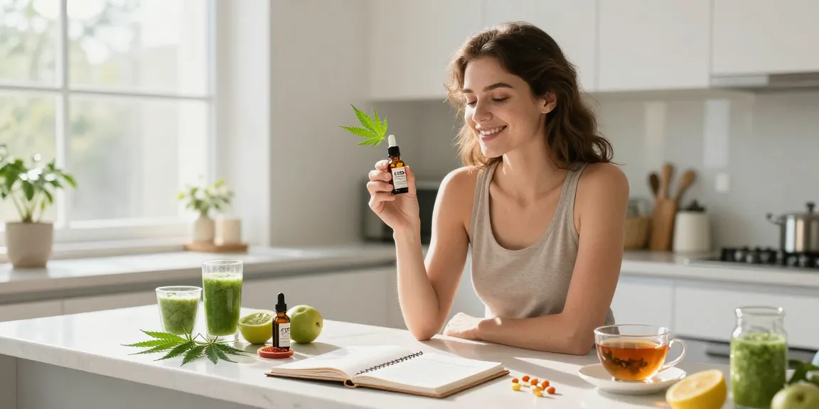 Legal vaping age in Cyprus wellness scene featuring CBD oil, hemp leaves, and natural products in a bright kitchen.