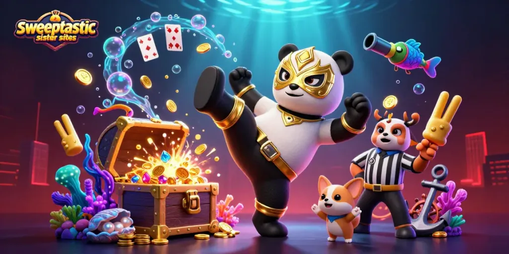 Sweeptastic sister sites feature engaging characters enjoying games with gold coins and treasures.