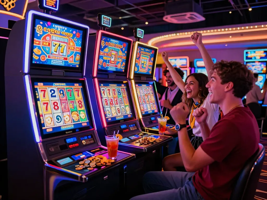 Exciting casino crowd cheering by the Lucky777 slot machine, vibrant lights and energy.
