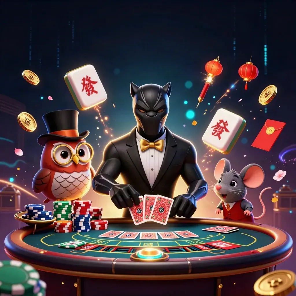 Panther, owl, and mouse in tuxedo casino action with glowing cards, coins, and neon effects