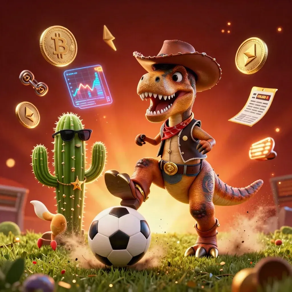Cowboy T-Rex, cactus, and roadrunner explode around a flying soccer ball with casino coins and neon effects.