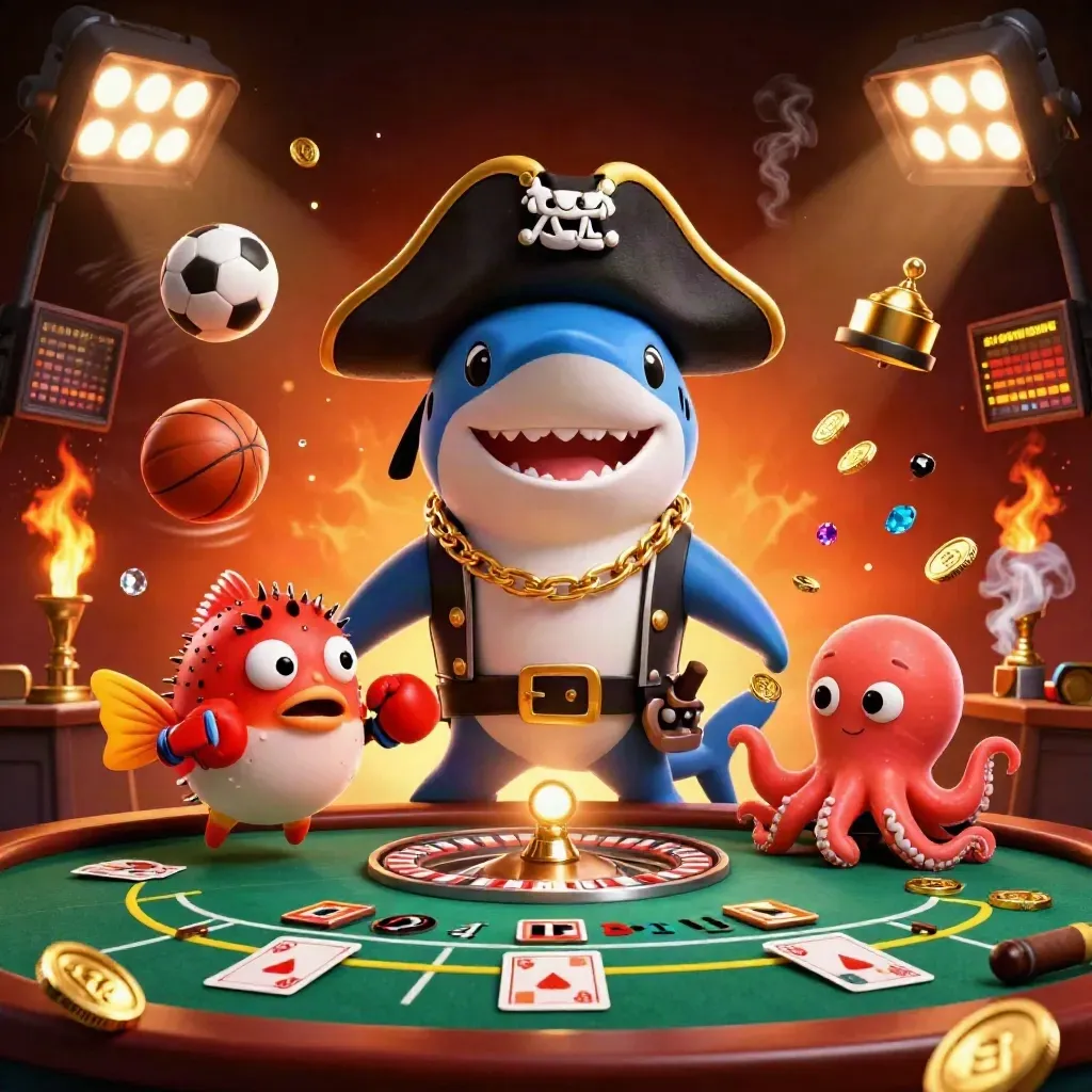 Pirate shark, boxing pufferfish, and juggling octopus in a luxury casino blaze.