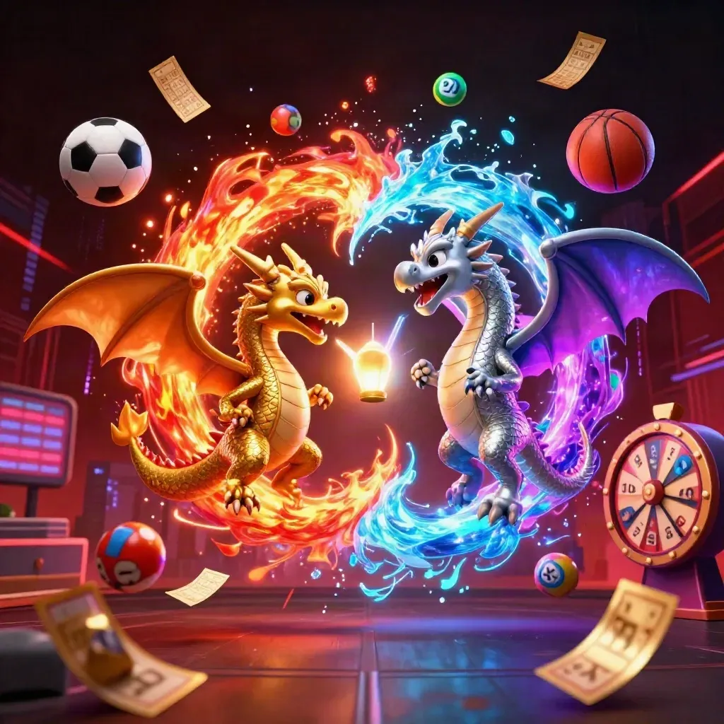 Gold and silver dragons spiral with casino tokens and neon effects over a dark skyline.