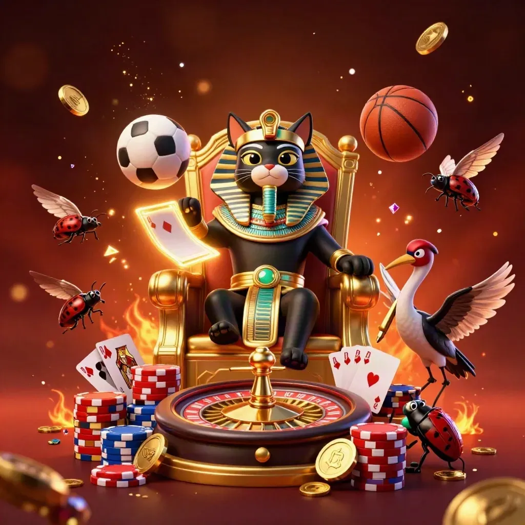 Pharaoh cat, ibis, and gem-winged scarabs amid casino chips, coins, cards, and spinning roulette.
