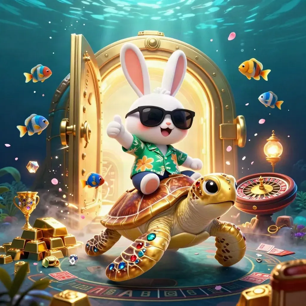 Lucky rabbit on a golden sea turtle amid casino treasure, glowing underwater lights, and spinning roulette wheel.