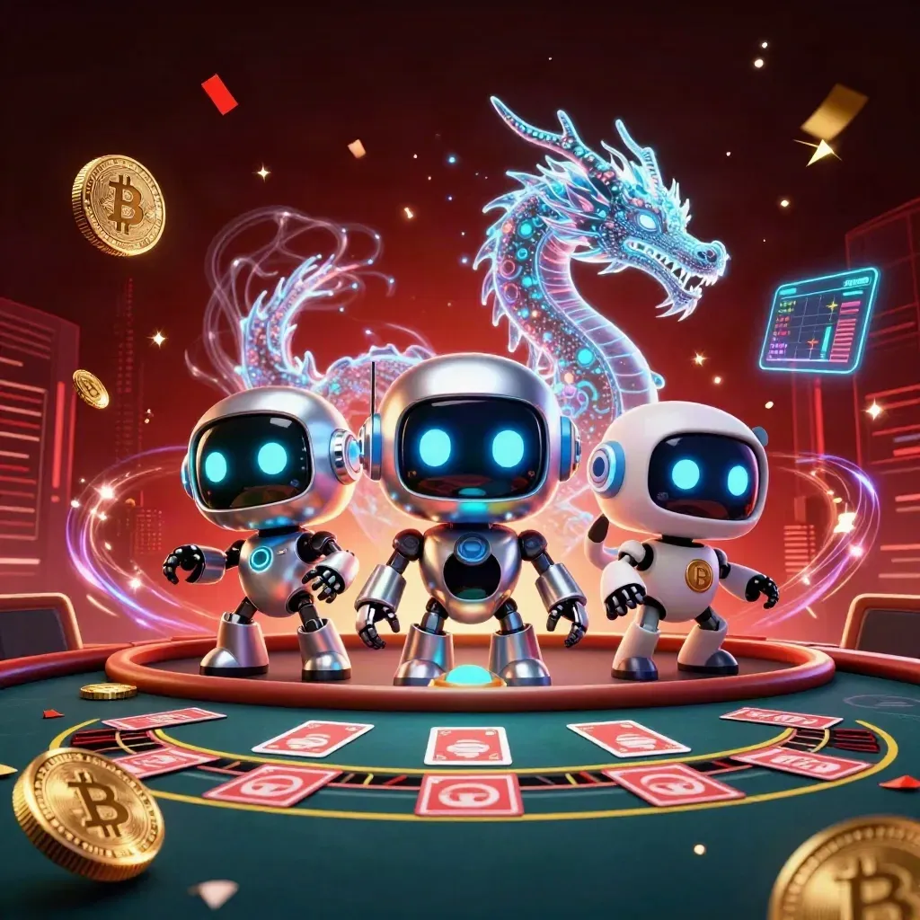 Cyberpunk robot, holographic dragon, and coin drone in a neon casino with coins and fireworks