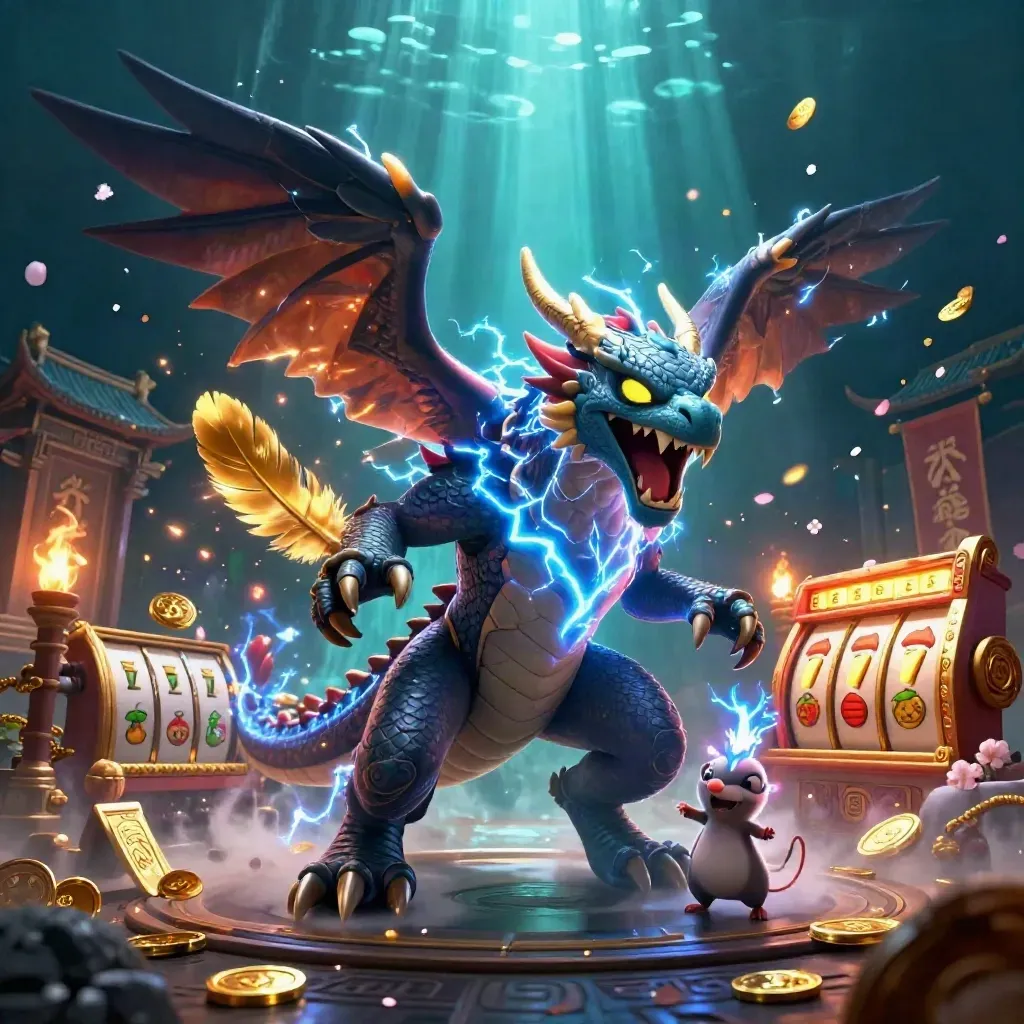 Thunder dragon, wind hawk and tiny thunder-mouse amid coins, temple gate and electric-blue lightning