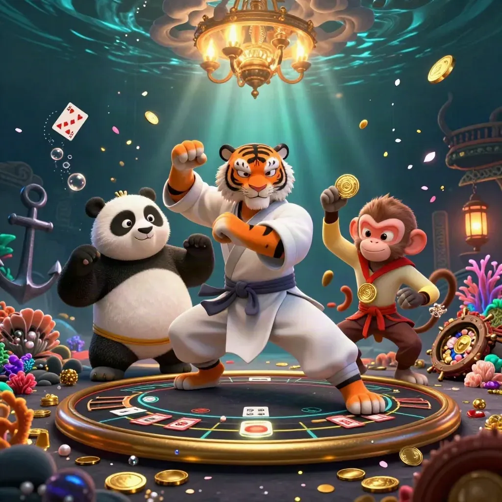 Tiger, panda and monkey in a sunken casino cove with coral, coins, cards and a spinning roulette wheel.