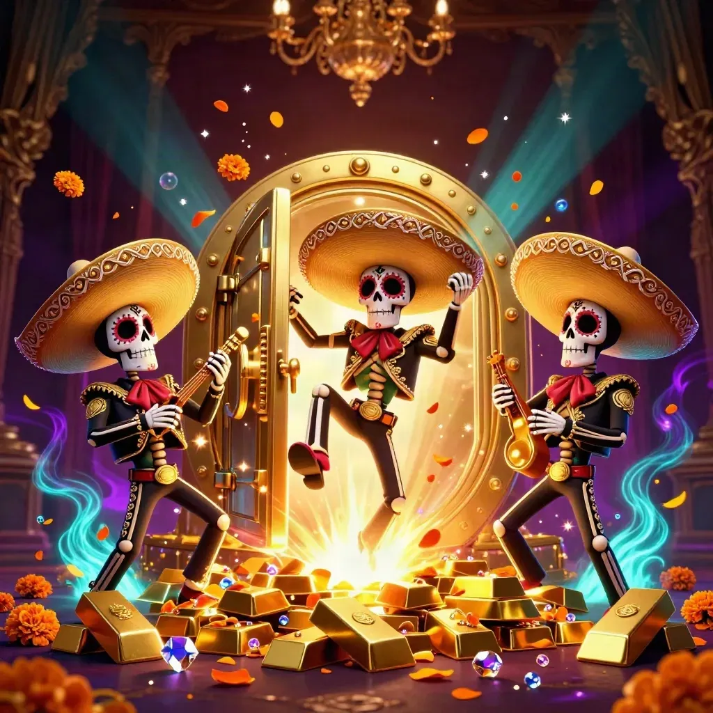 Day-of-the-Dead skeleton mariachi trio around a blazing golden vault amid gems and petals