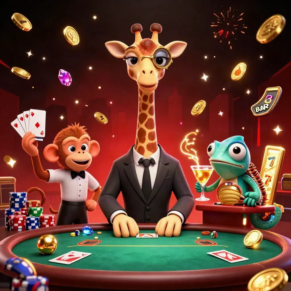 Giraffe, monkey and chameleon at a VIP poker table as coins, gems and chips explode around them