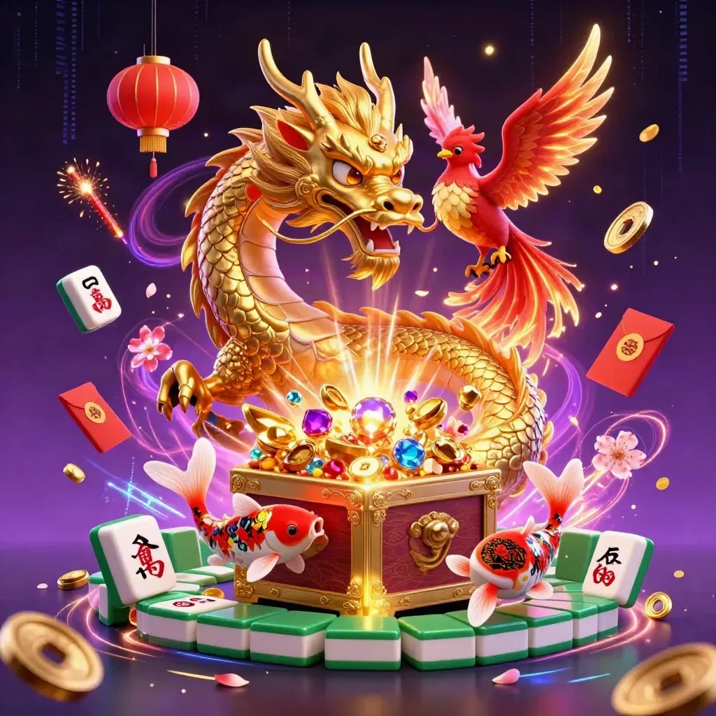 Golden dragon, red phoenix and leaping koi amid neon casino treasures and jade coins