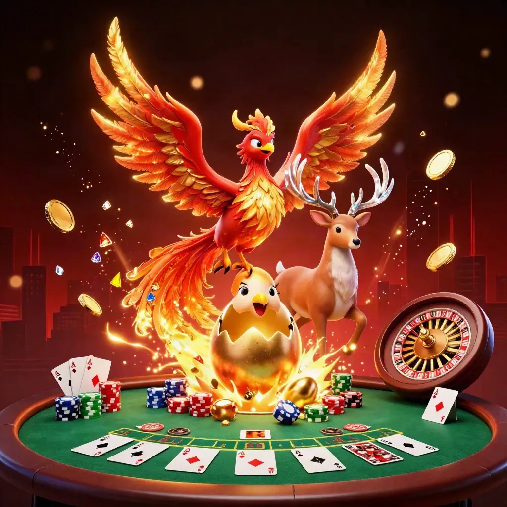 Phoenix, baby phoenix, and crystalline stag amid casino chips, cards, coins, and fireworks.
