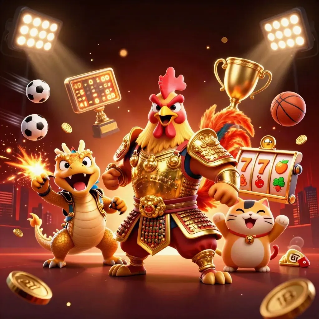 Rooster warrior, dragon hatchling and lucky cat amid casino bursts of gold, red and emerald.