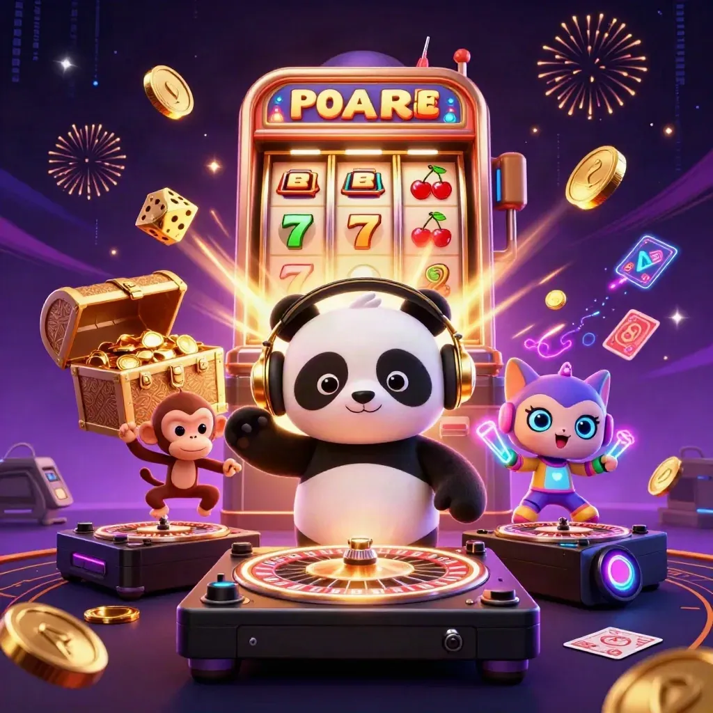 DJ panda, monkey, and kitten amid jackpot chaos, gold coins, slot burst, neon fireworks
