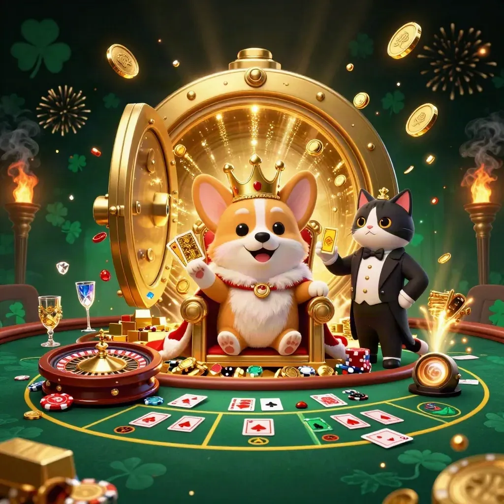 Royal corgi and cat butler amid a vault burst, coins, gems, cards, and casino lights.