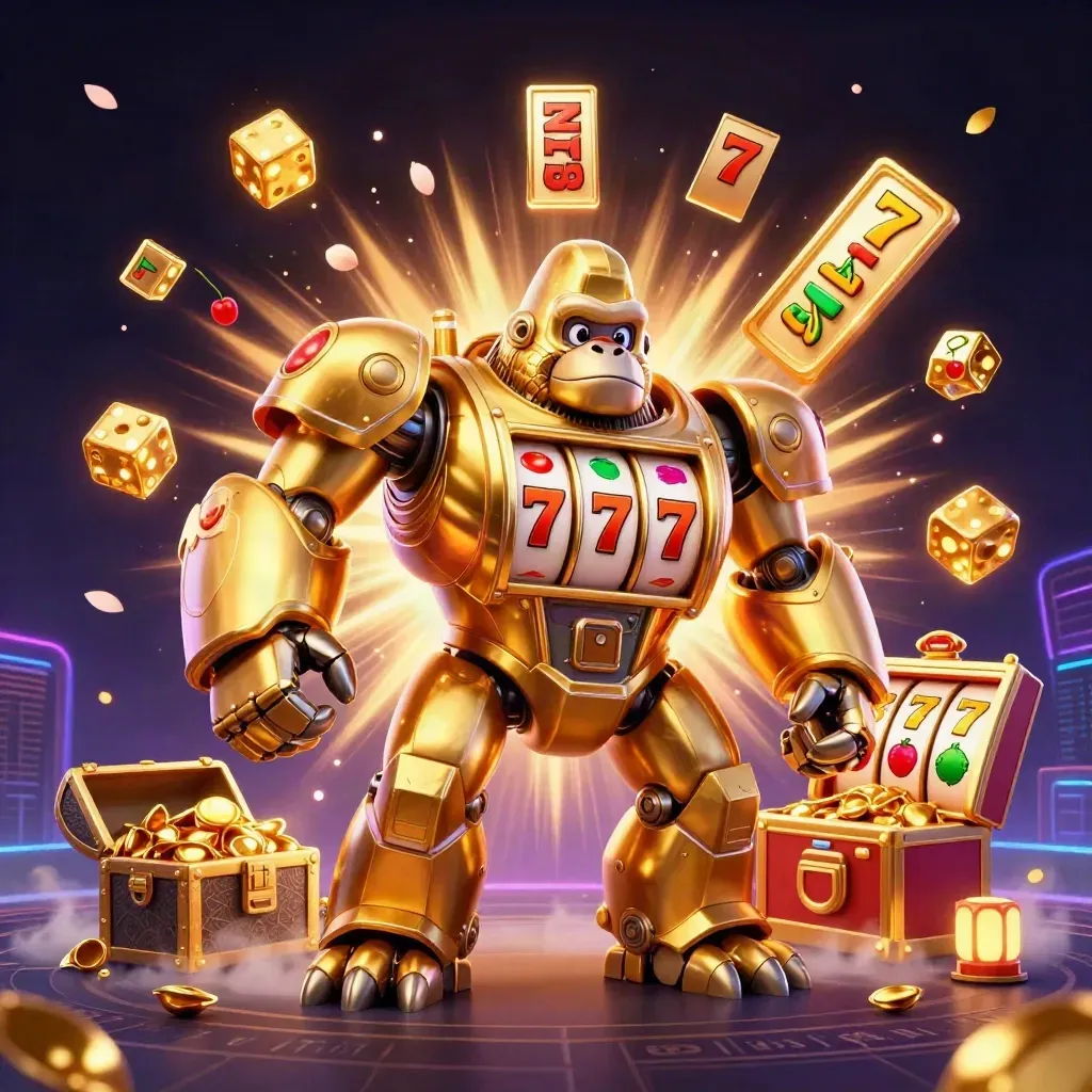 Golden gorilla mech with tiny monkey pilot bursting from slot reels, dice, gold, and neon casino effects