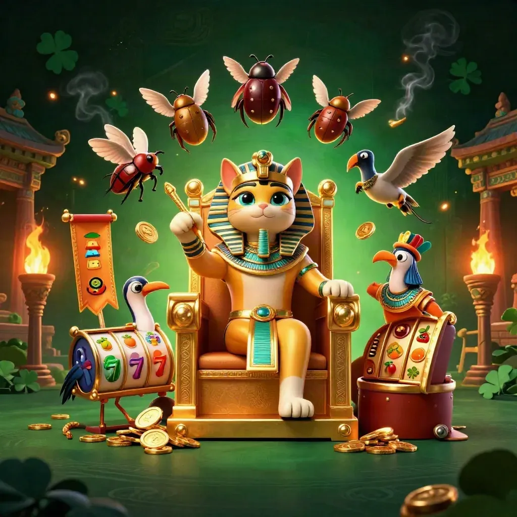 Pharaoh cat throne scene with ibis scribe, scarabs, coins, reels, and emerald-gold casino glow.
